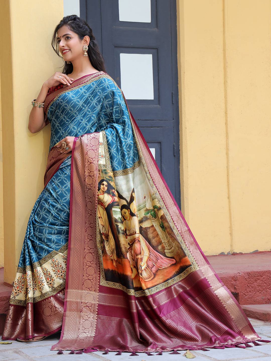 Viscose Dola Silk Saree With Kalamkari And Mughal Print