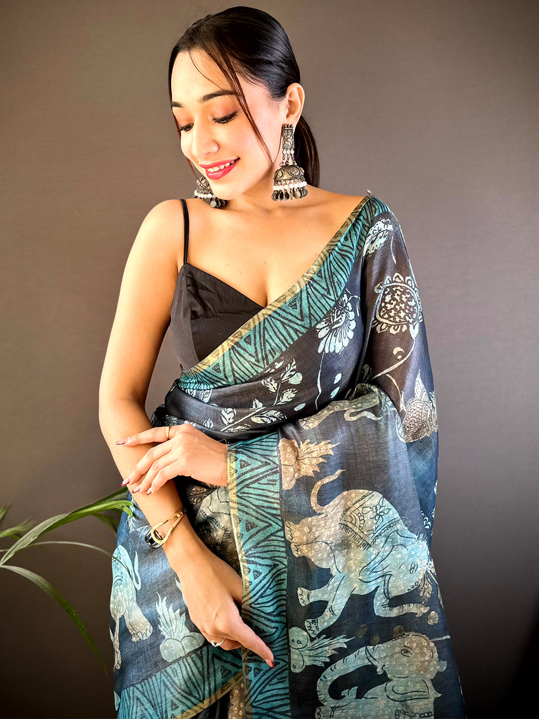 Navy Kalamkari Block Print Chanderi Saree