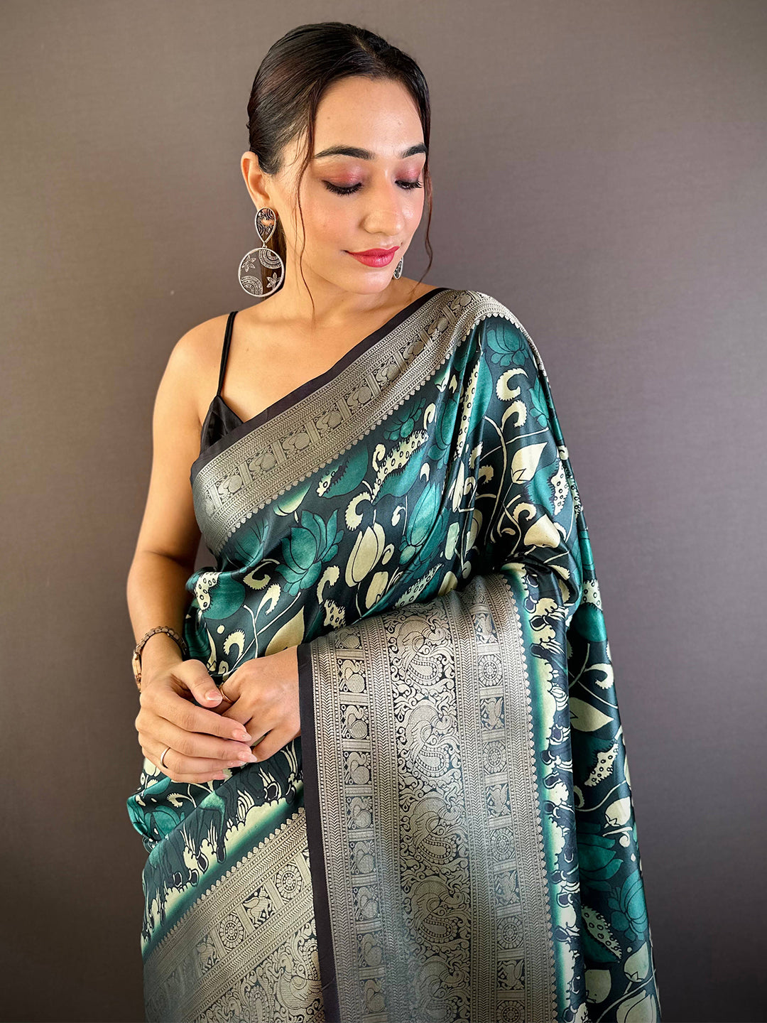 Ocean Teal Soft Silk Kalamkari Saree