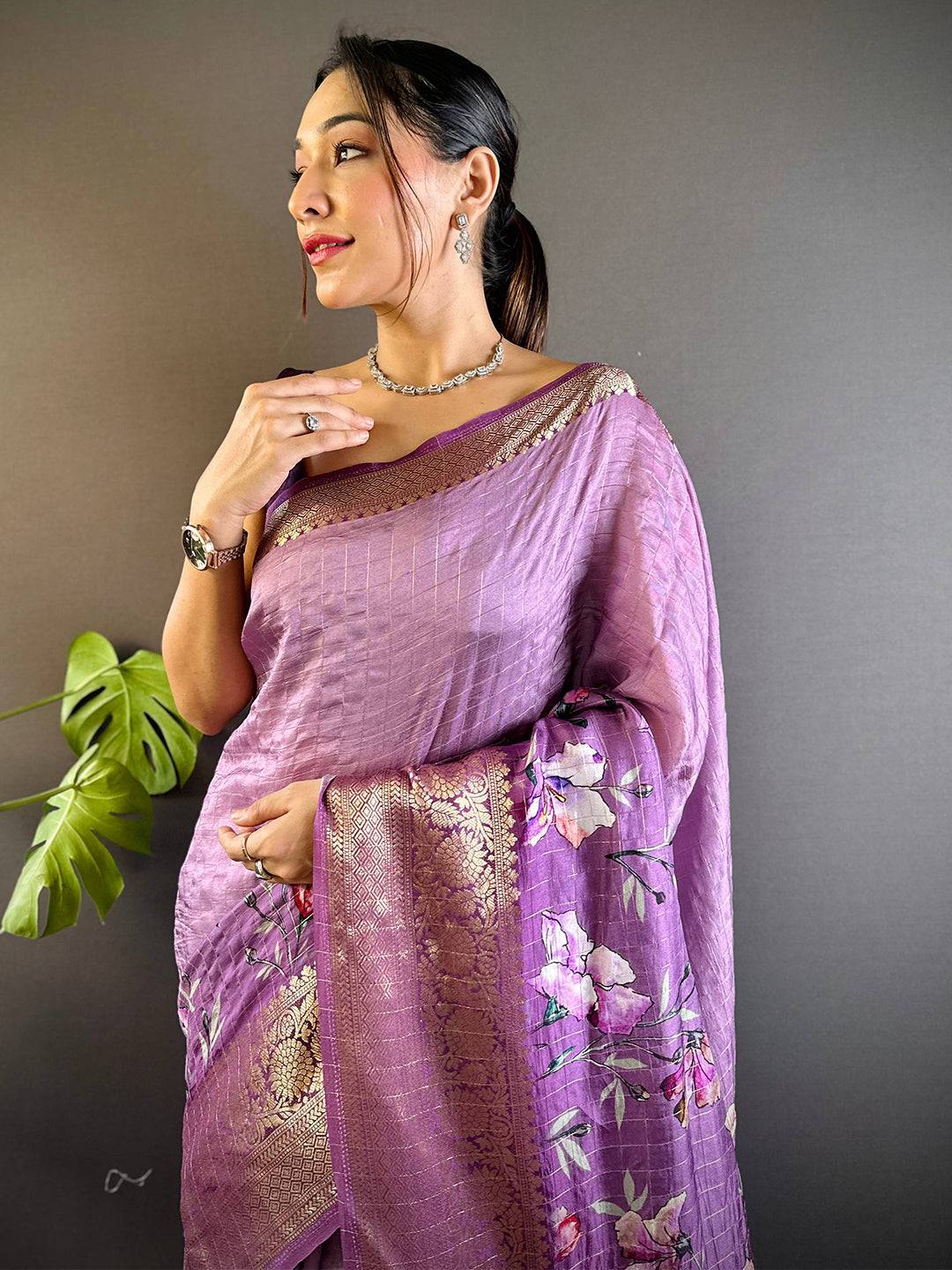 Lavender Floral Zari Chex Saree