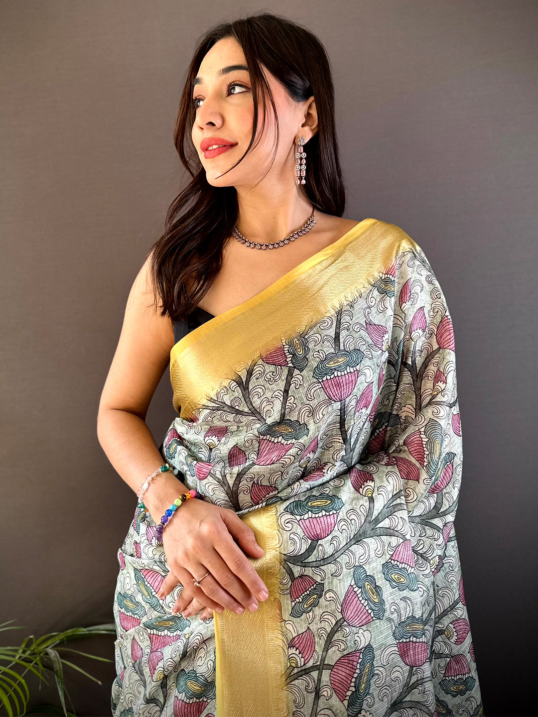 Mint Green Kota Doriya Floral Kalamkari Print Saree