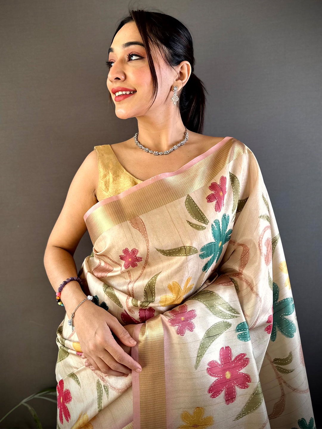 Light Cream Soft Silk Tissue Floral Print Saree