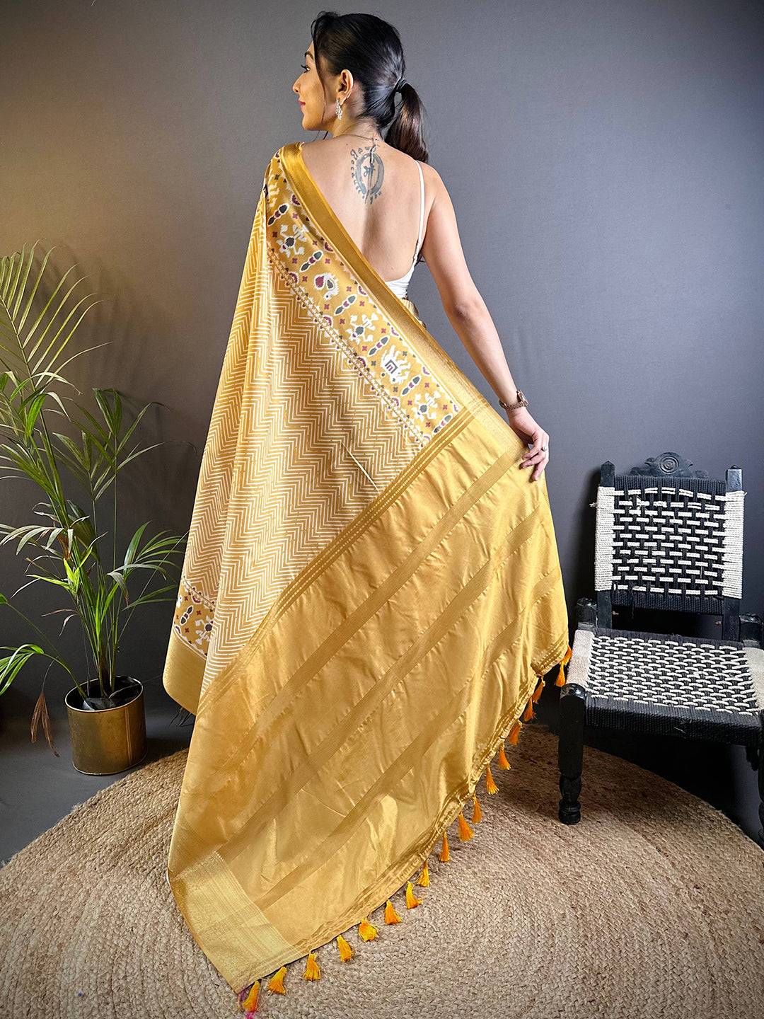 Lemon Yellow Zig Zag Kalamkari Kanchi Silk Saree