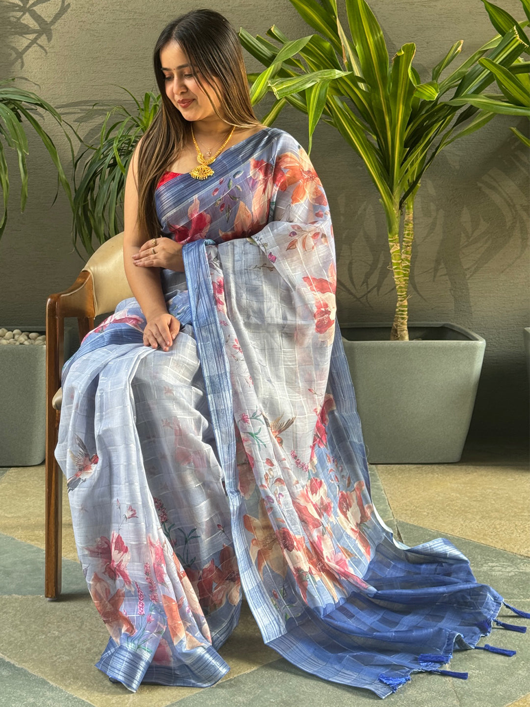 Exclusive Blue Colour Traditional Zari Chex Saree 