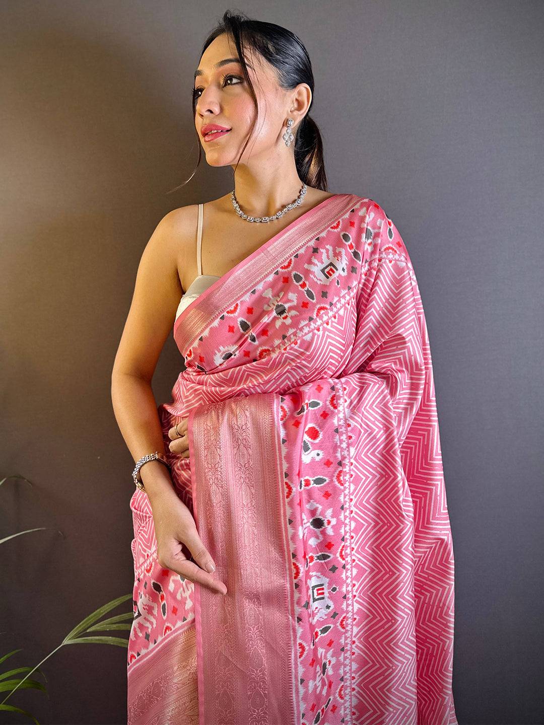 Rose Pink Zig Zag Kalamkari Kanchi Silk Saree