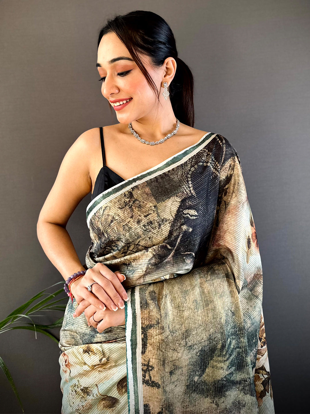 Green Gold Zari Tussar Batik Print Saree