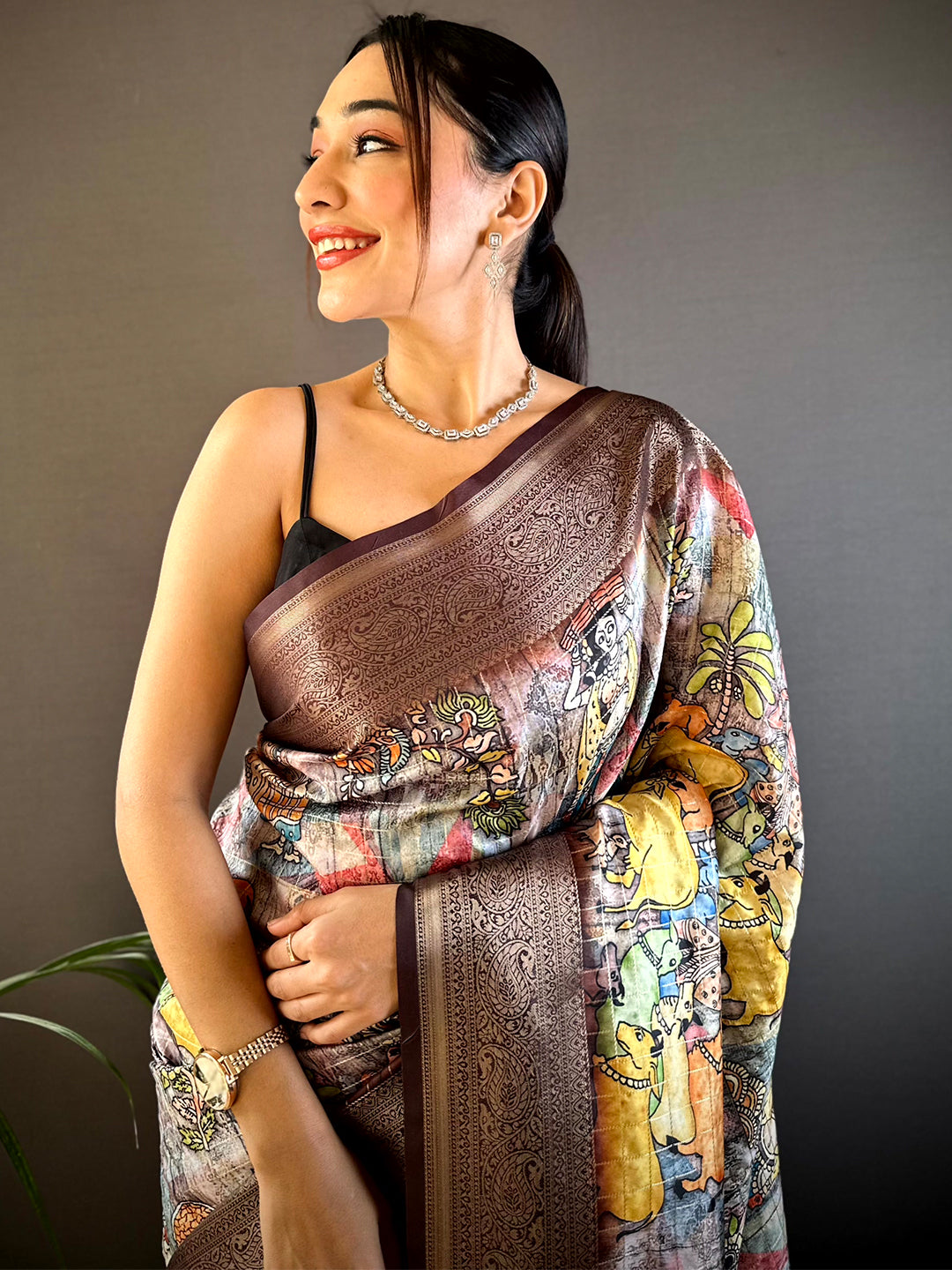 Brown Soft Silk Gold Zari Kalamkari Chex Saree