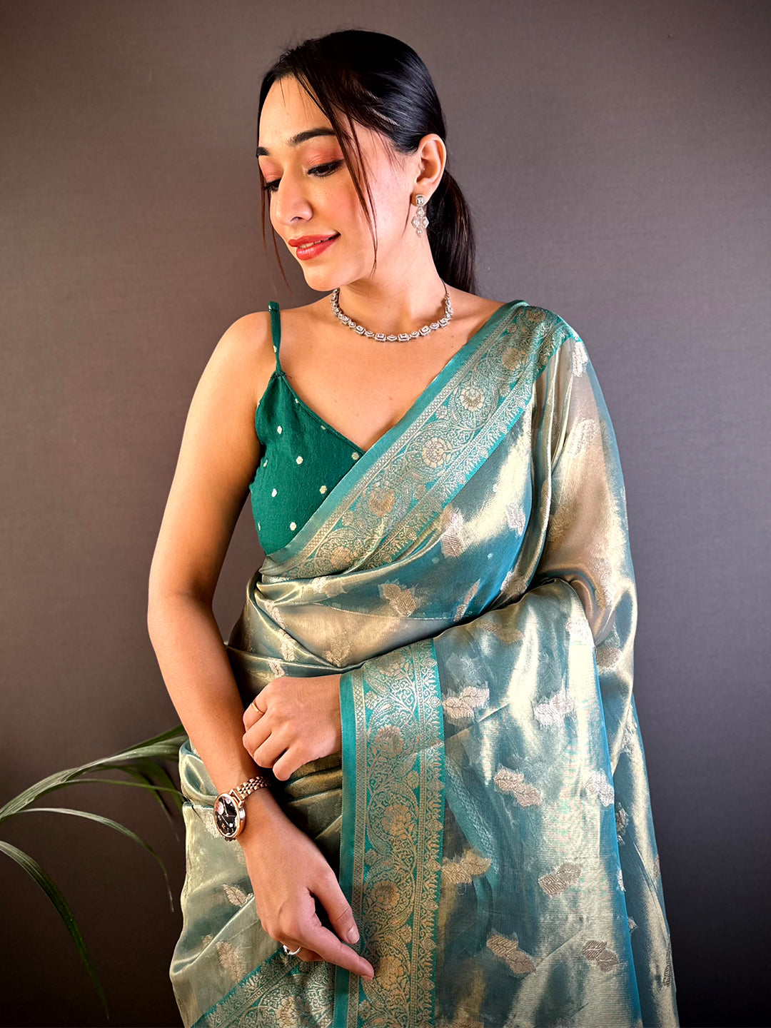 Elegant Teal Kora Tissue Saree