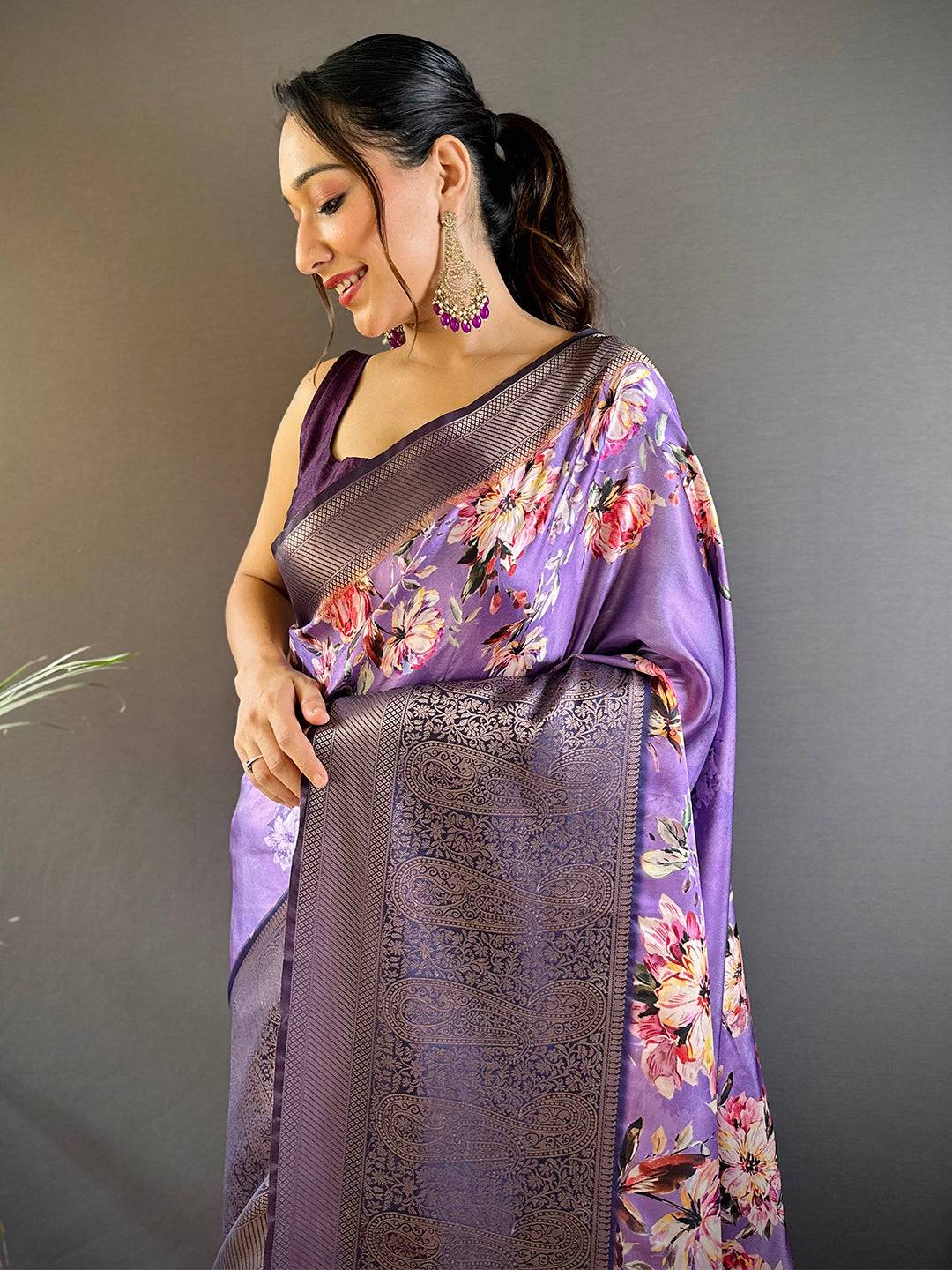 Orchid Purple Satin Silk Floral Print Saree