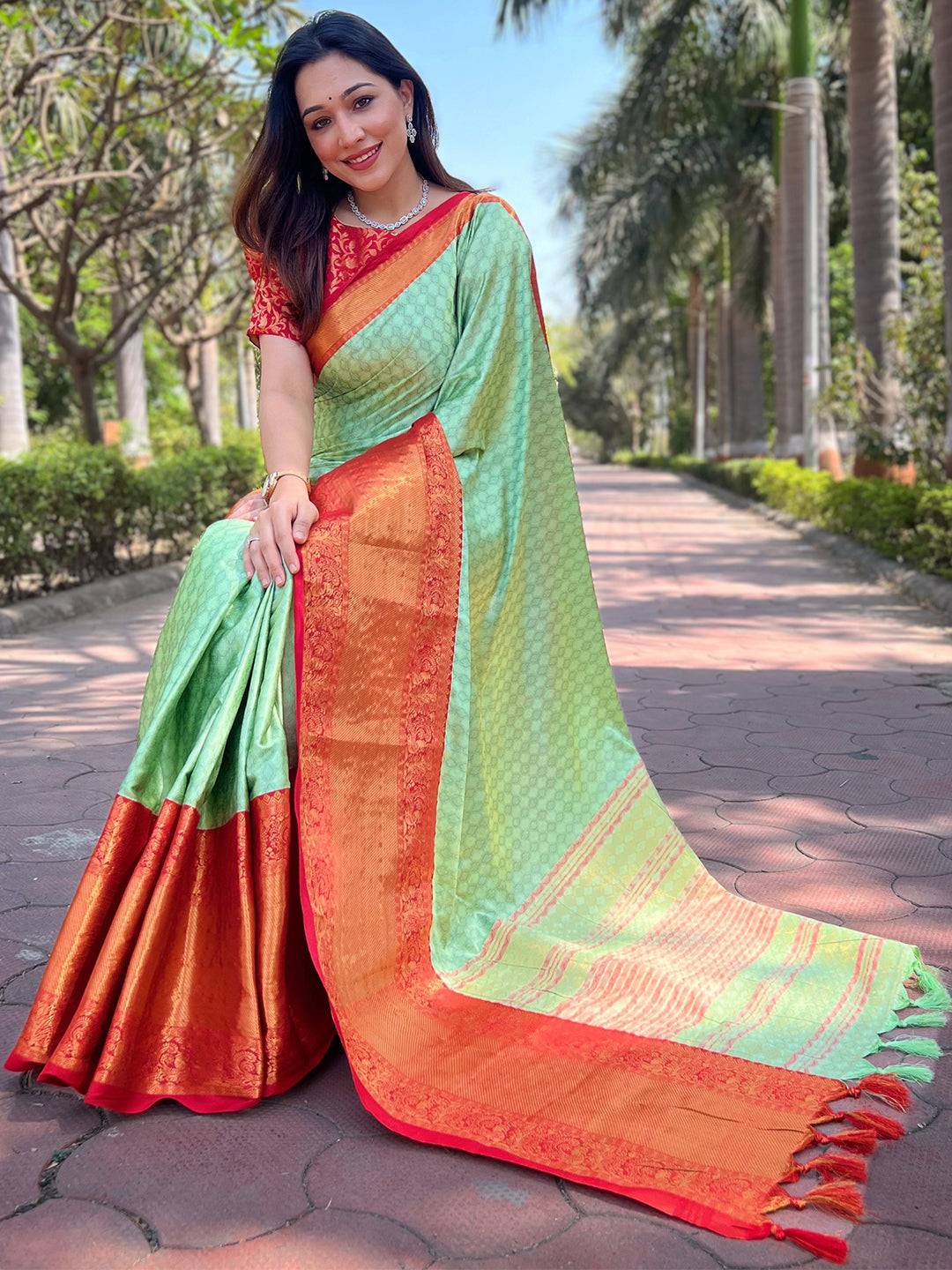 Luxurious Pista Kanjivaram Silk Saree with Red Zari Details