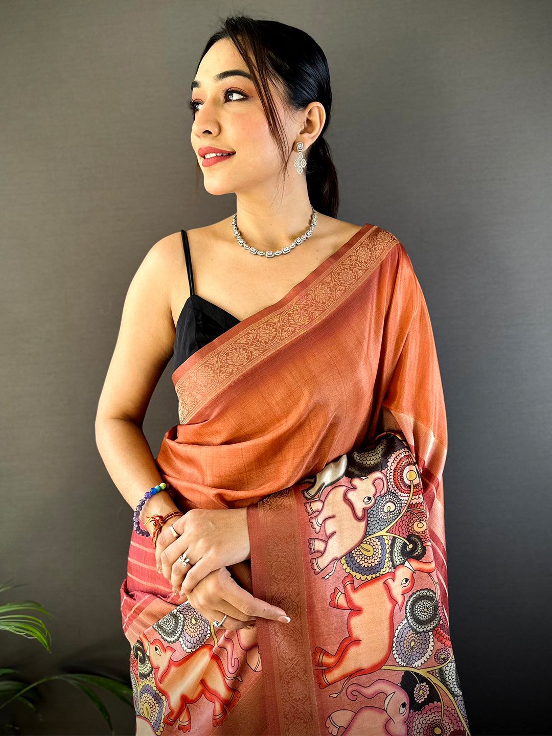 Rust Red Kalamkari Ombre Soft Silk Saree