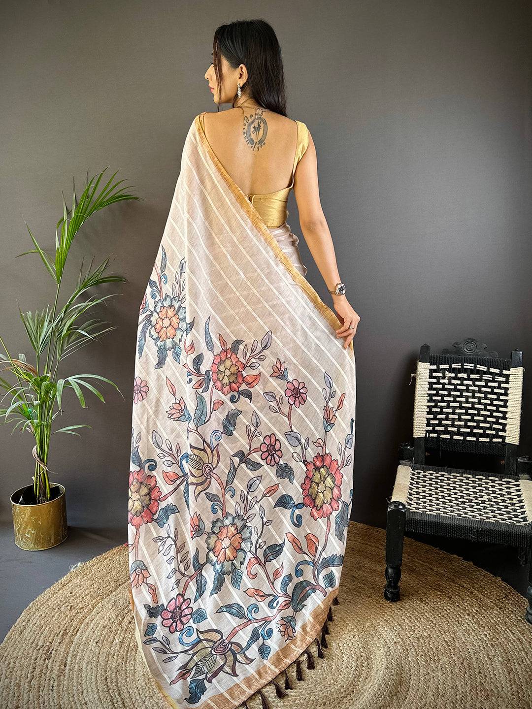 Floral Elegance Linen Chanderi Saree