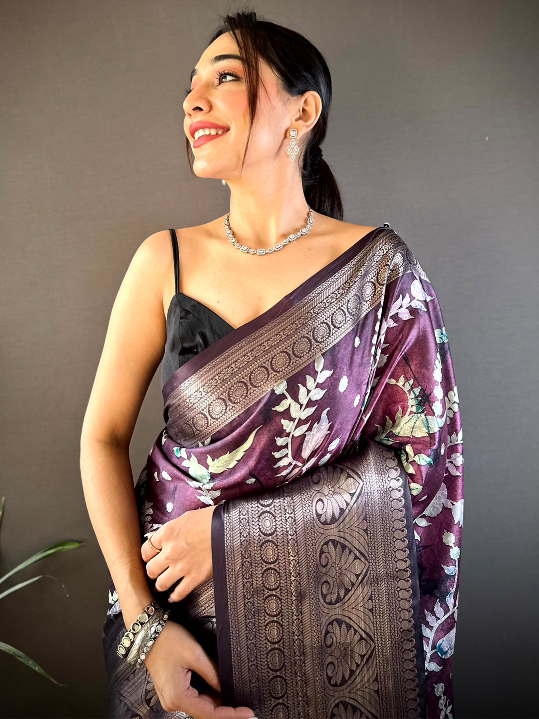 Lavender Floral Animal Batik Soft Silk Saree