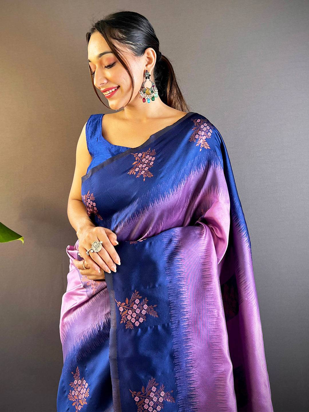 Violet Sami Banarasi Tussar Silk Saree worn by model