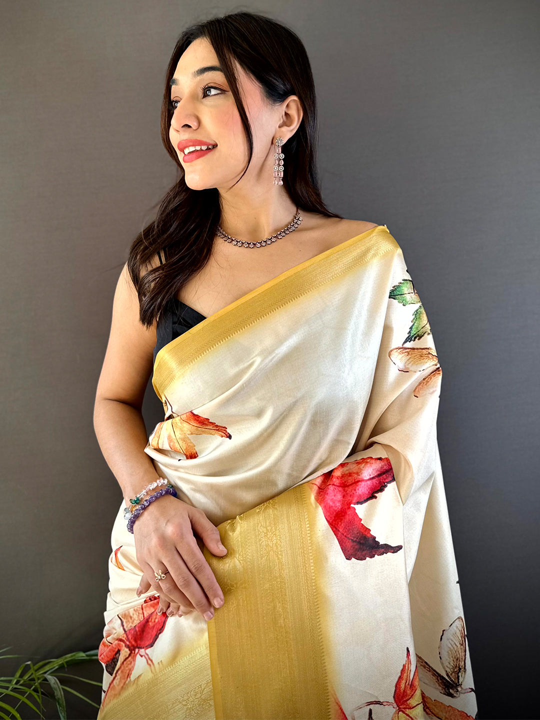 Cream Soft Silk Digital Leaf Print Saree