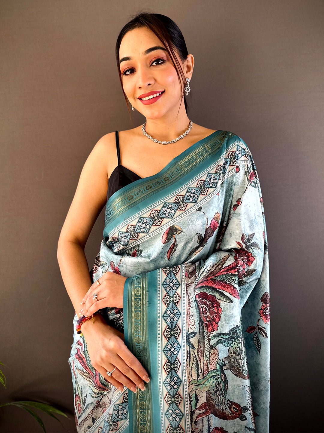 Sky Blue Soft Silk Kalamkari Print Saree