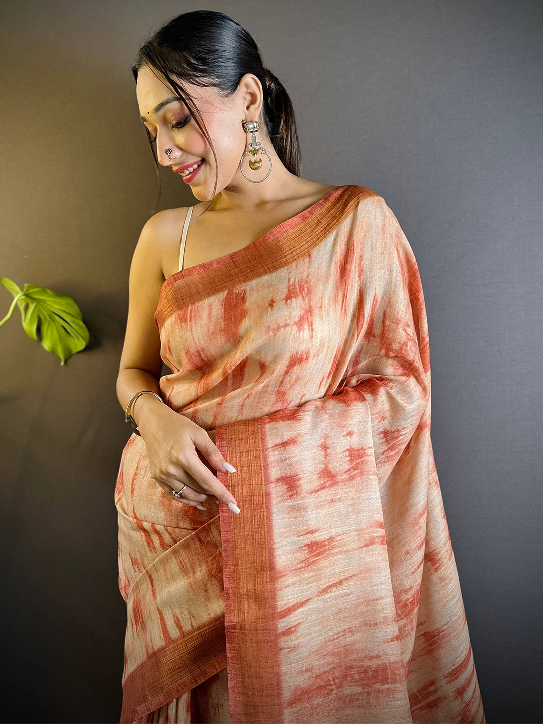 Rust Shibori Print Linen Saree