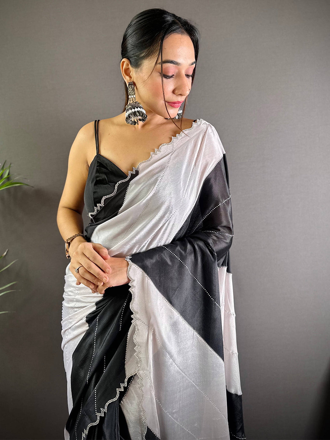 Black And White Poly Chiffon Swaroki Work Saree