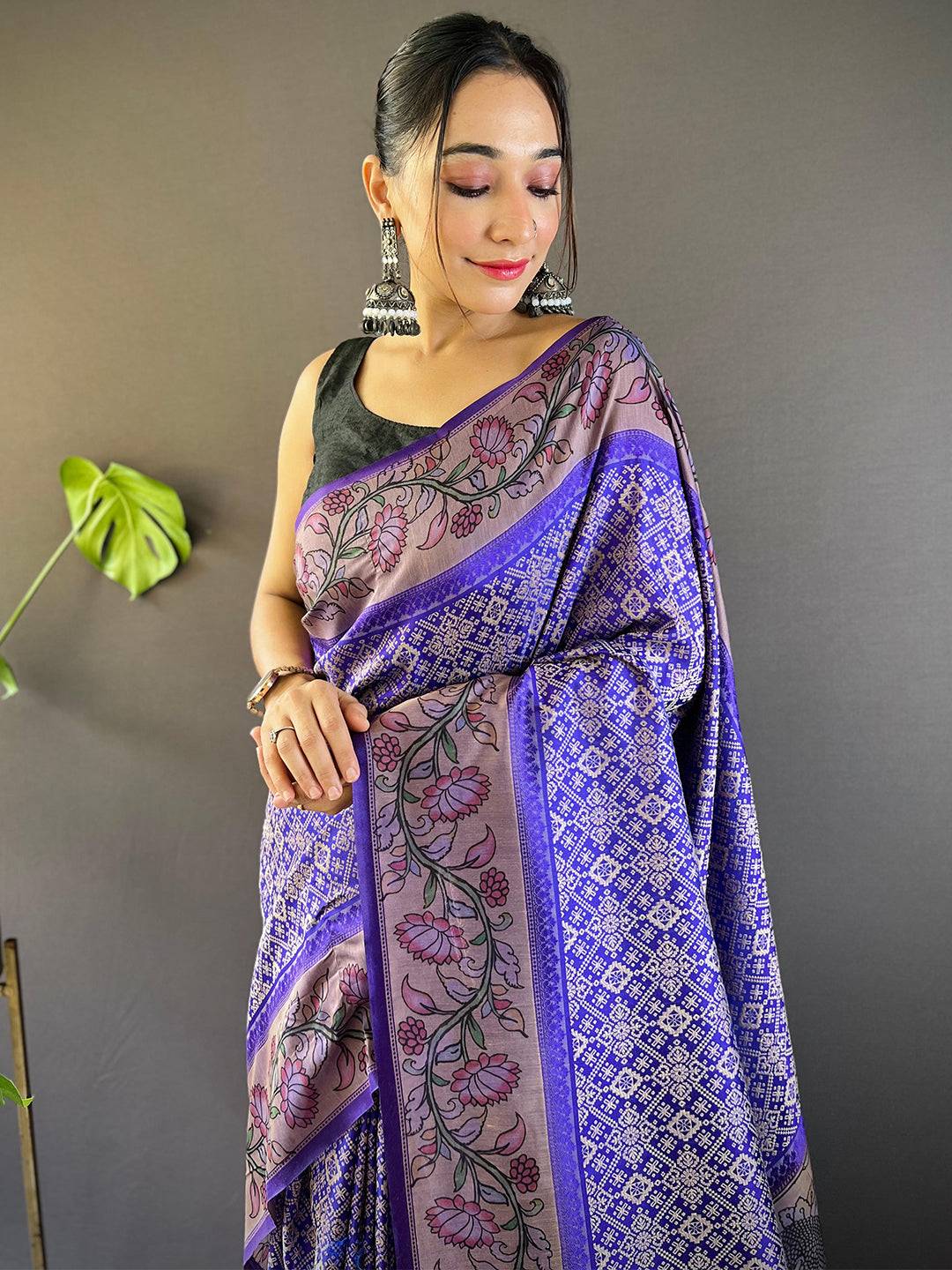 Persian Blue Patola And Kalamkari Fusion Saree