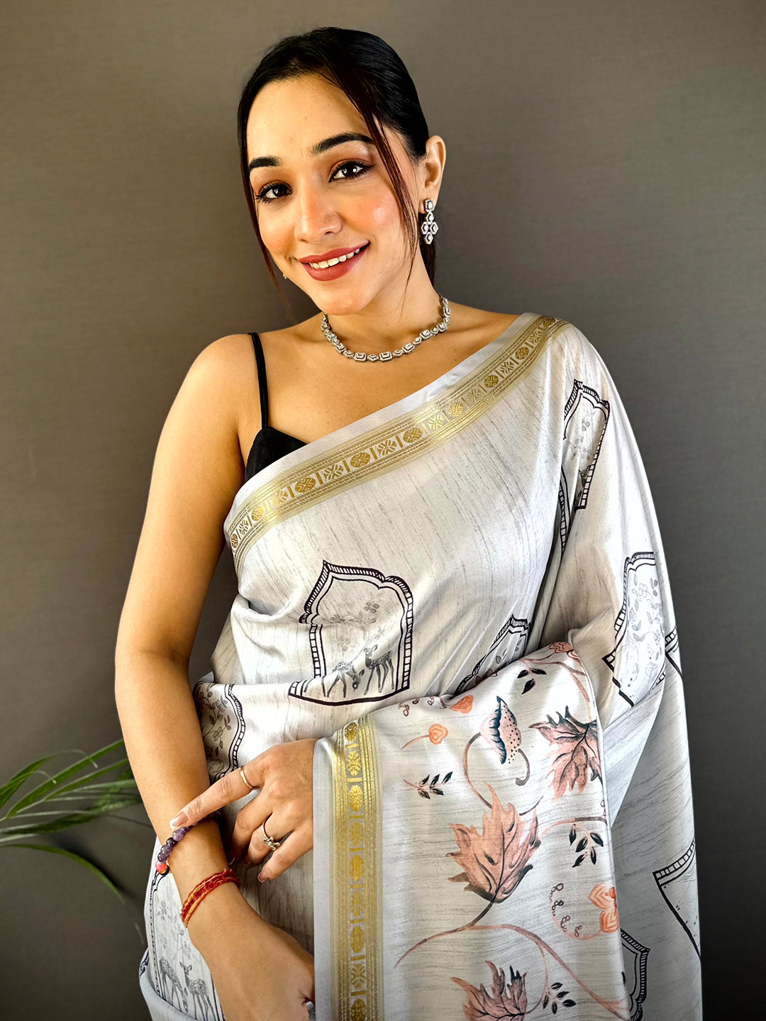 Grey Forest Phulkari Kalamkari Print Saree