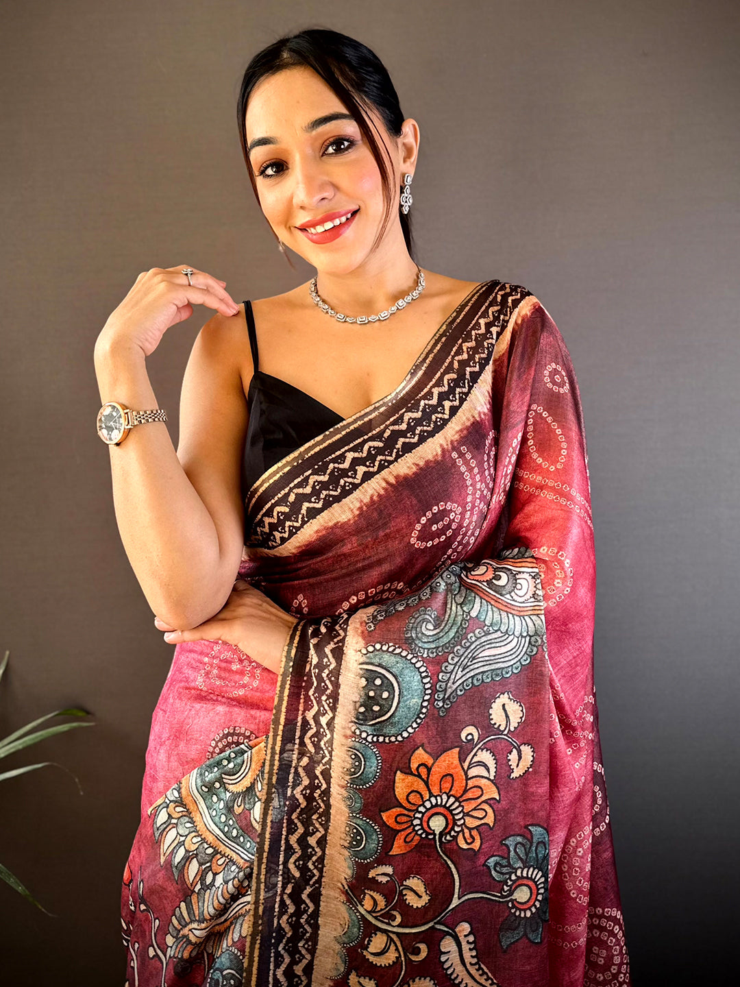 Blush Pink Kalamkari Bandhani Chanderi Saree