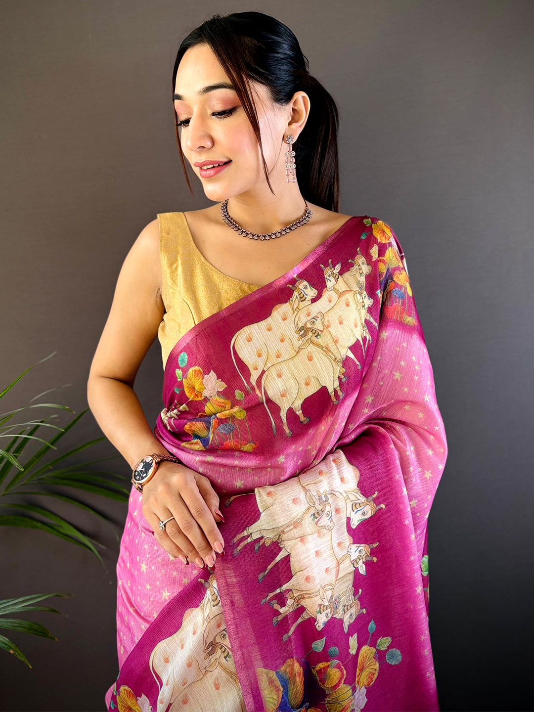 Pink Chanderi Pichwai Print Saree