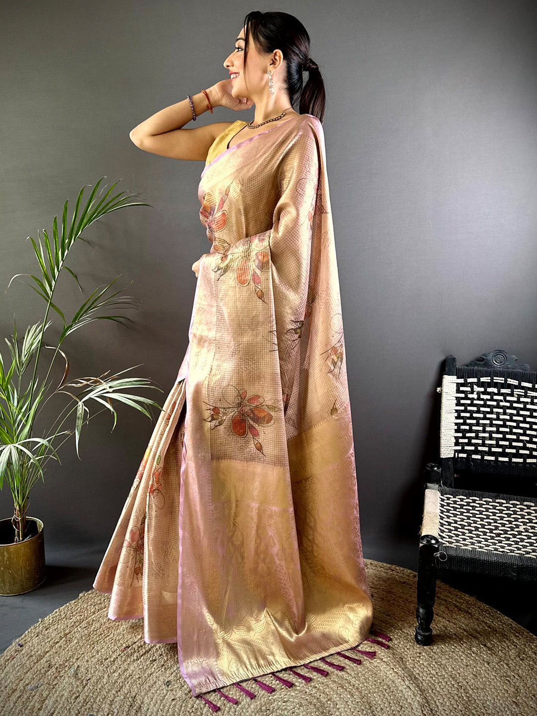 Stylish Wine Self Gold Zari Floral Print Saree