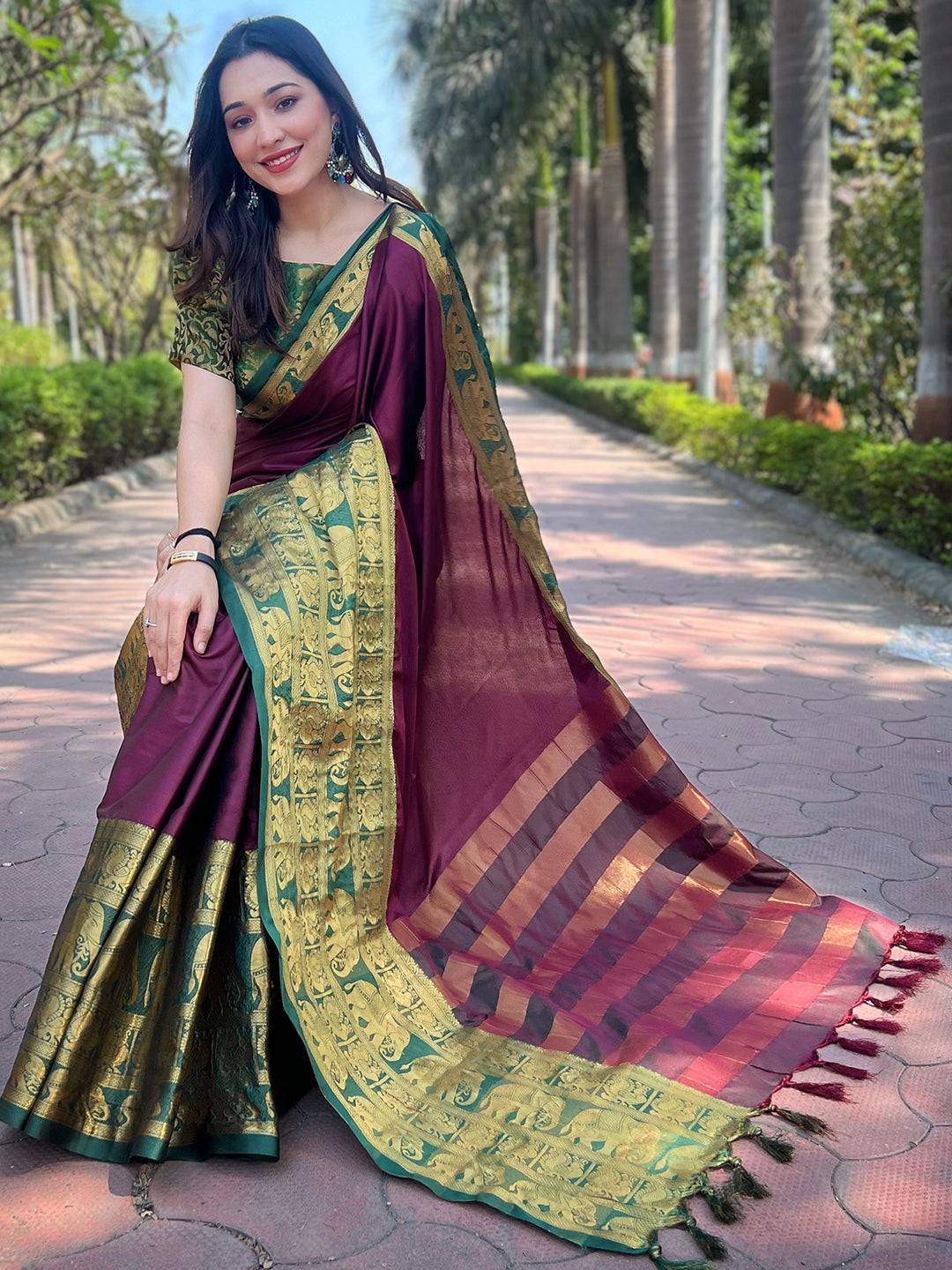 Aura Soft Silk Wine Colour Saree With Self Weaving Broced Blouse