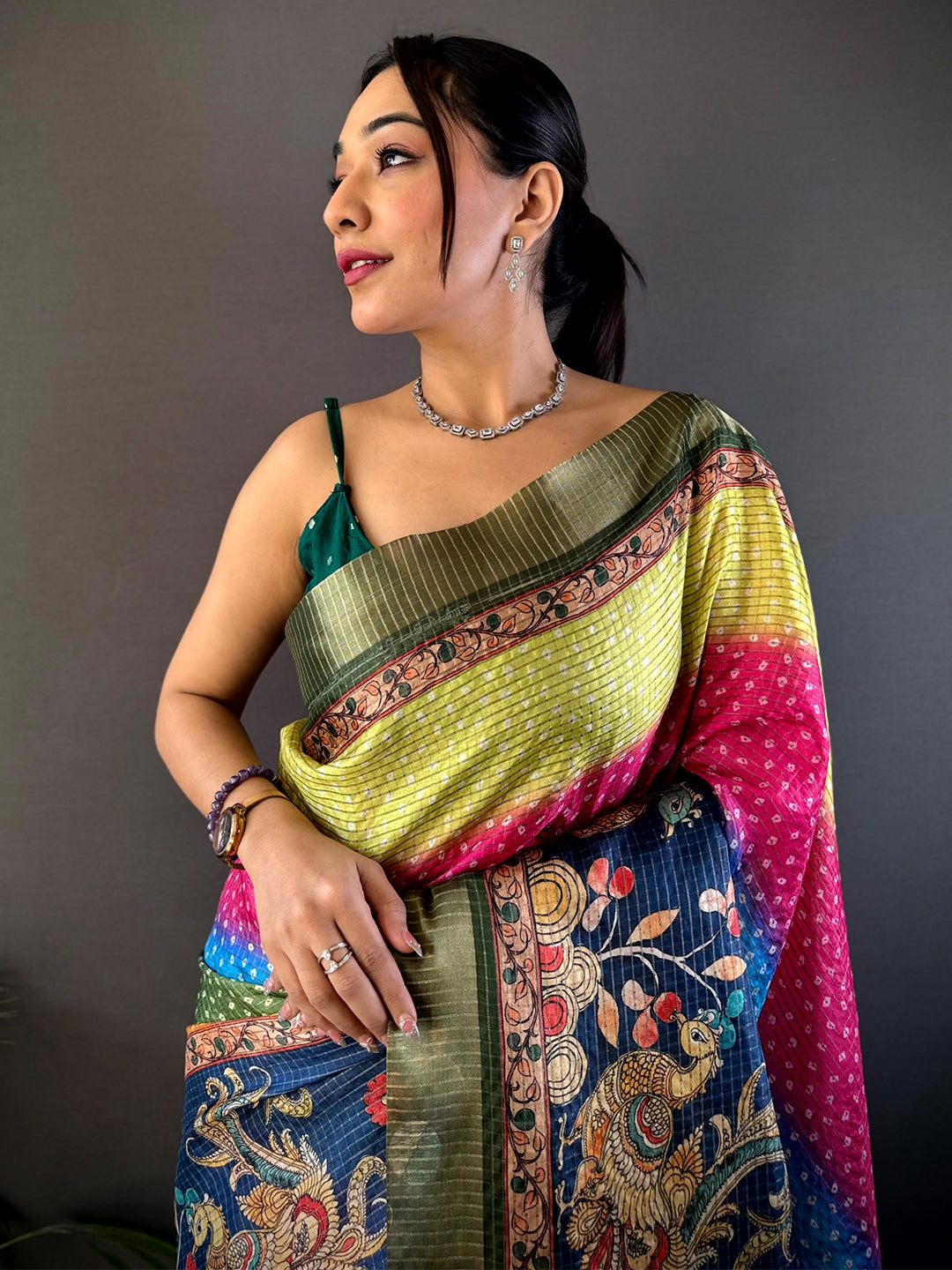 Allure Silk Blend Bandhani Print Saree featuring vibrant hues and intricate patterns, draped elegantly with traditional charm.