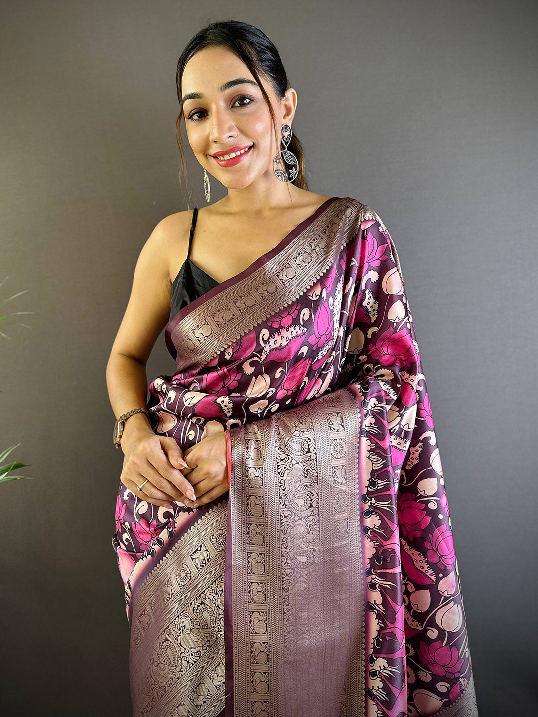 Rose Wine Soft Silk Kalamkari Saree