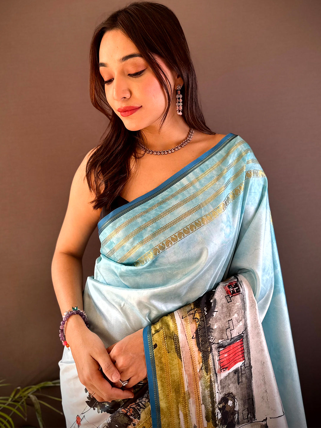 Sky Blue Japanese Freehand Digital Print Saree