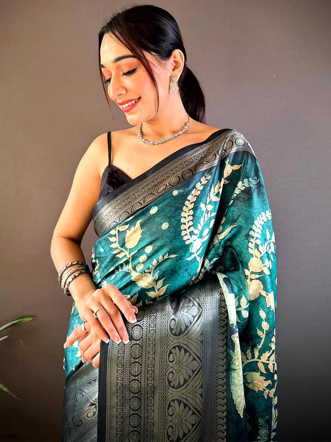 Teal Floral Animal Batik Soft Silk Saree