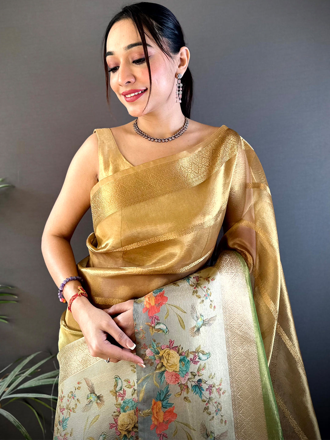 Mustard Ombre Zari Tissue Digital Print Saree