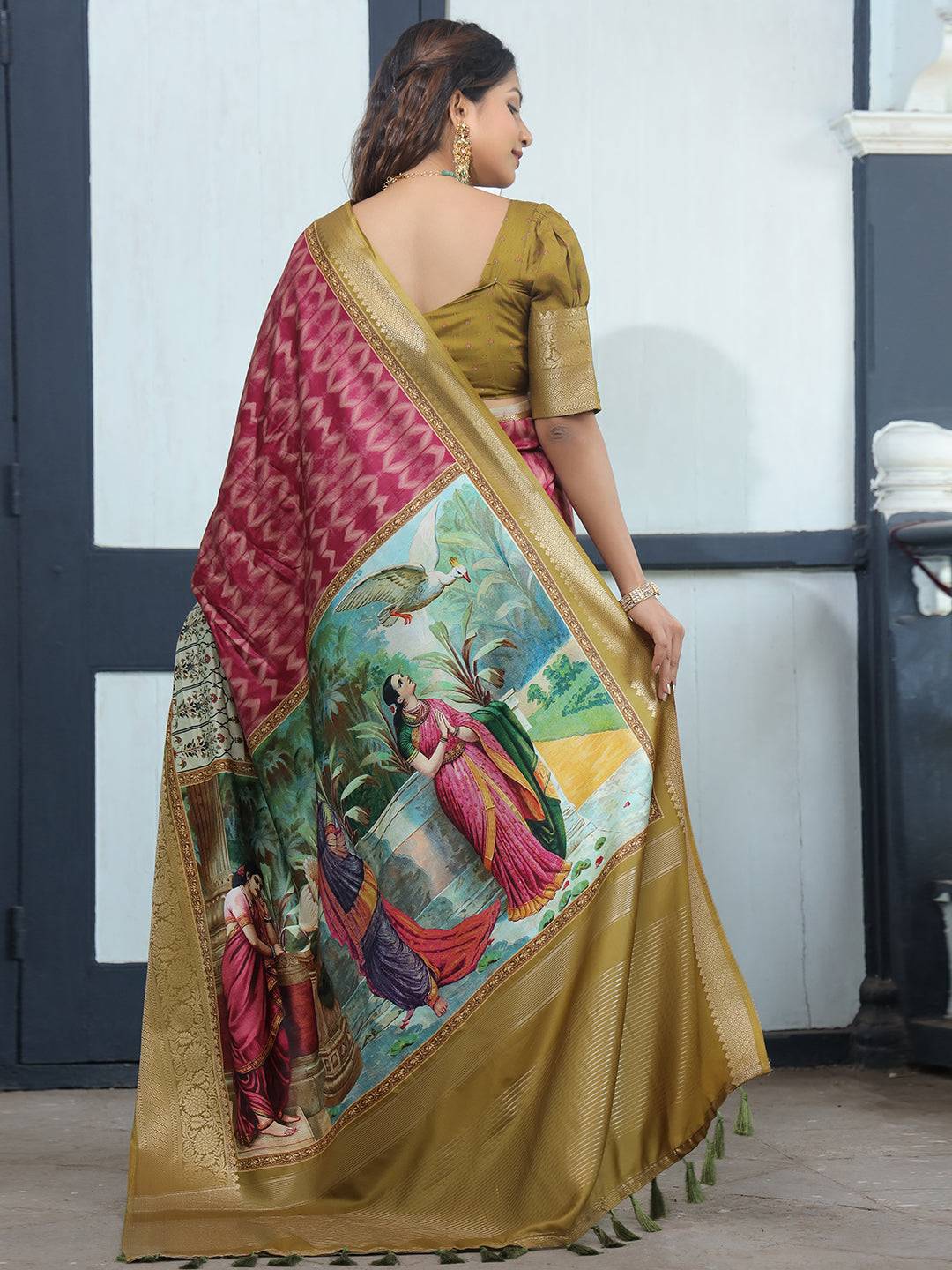 Pure Viscose Dola Silk Saree With Kalamkari & Mughal Print