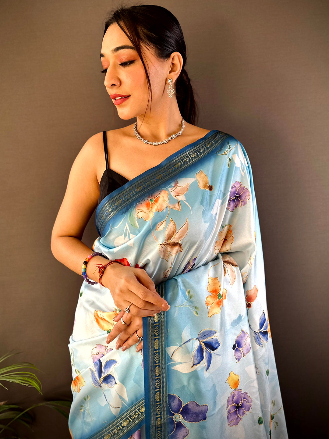 Aqua Floral Digital Print Silk Saree