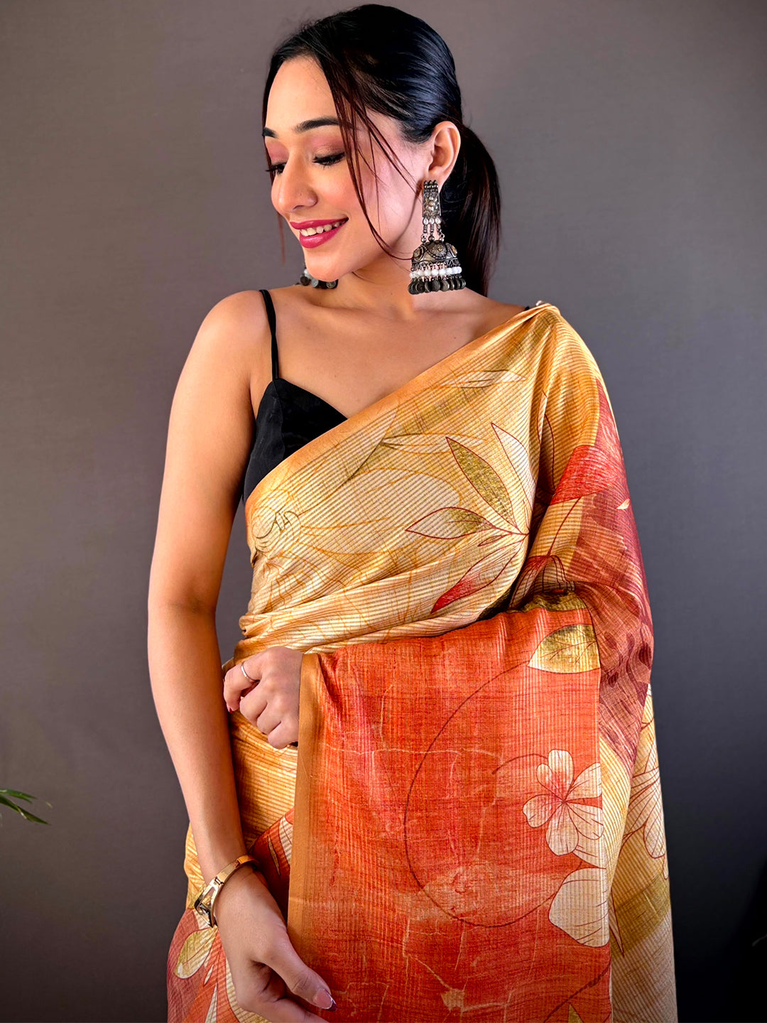 Golden Yellow Semi Zari Tussar Floral Saree, close-up view