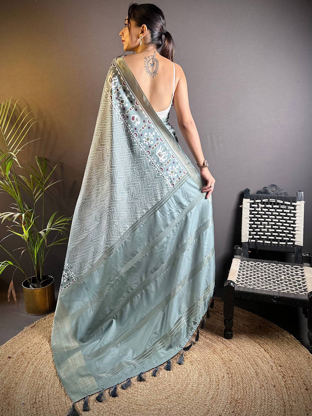 Light Blue Zig Zag Kalamkari Kanchi Silk Saree