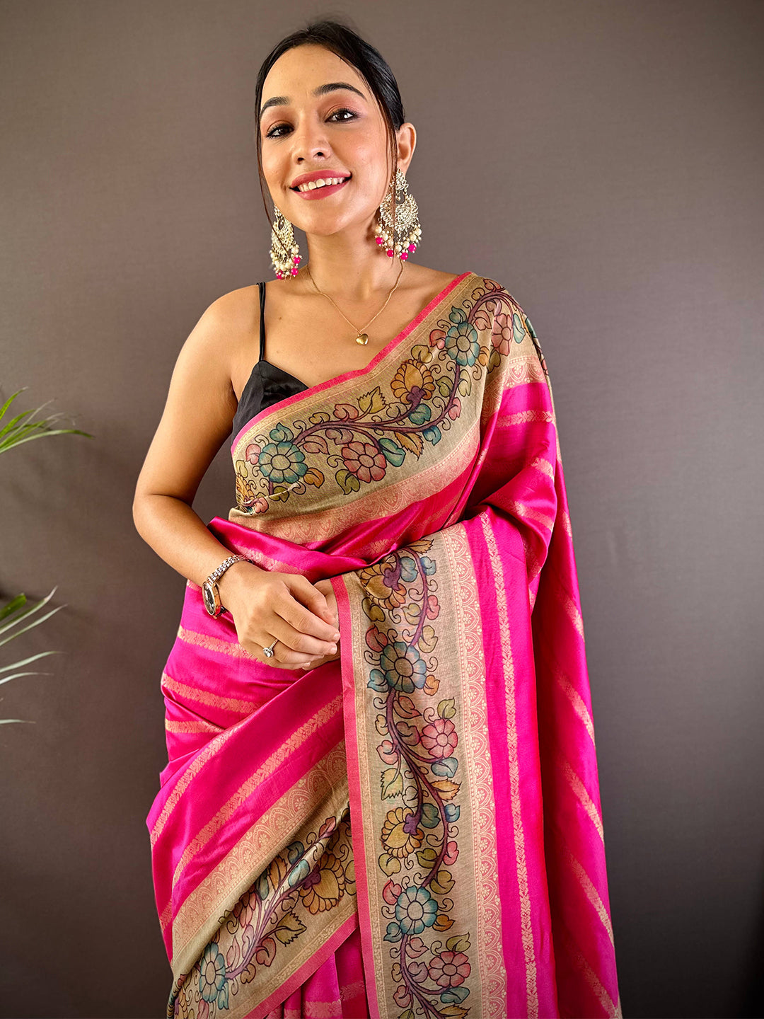 Pink Geometric Zari And Kalamkari Silk Saree