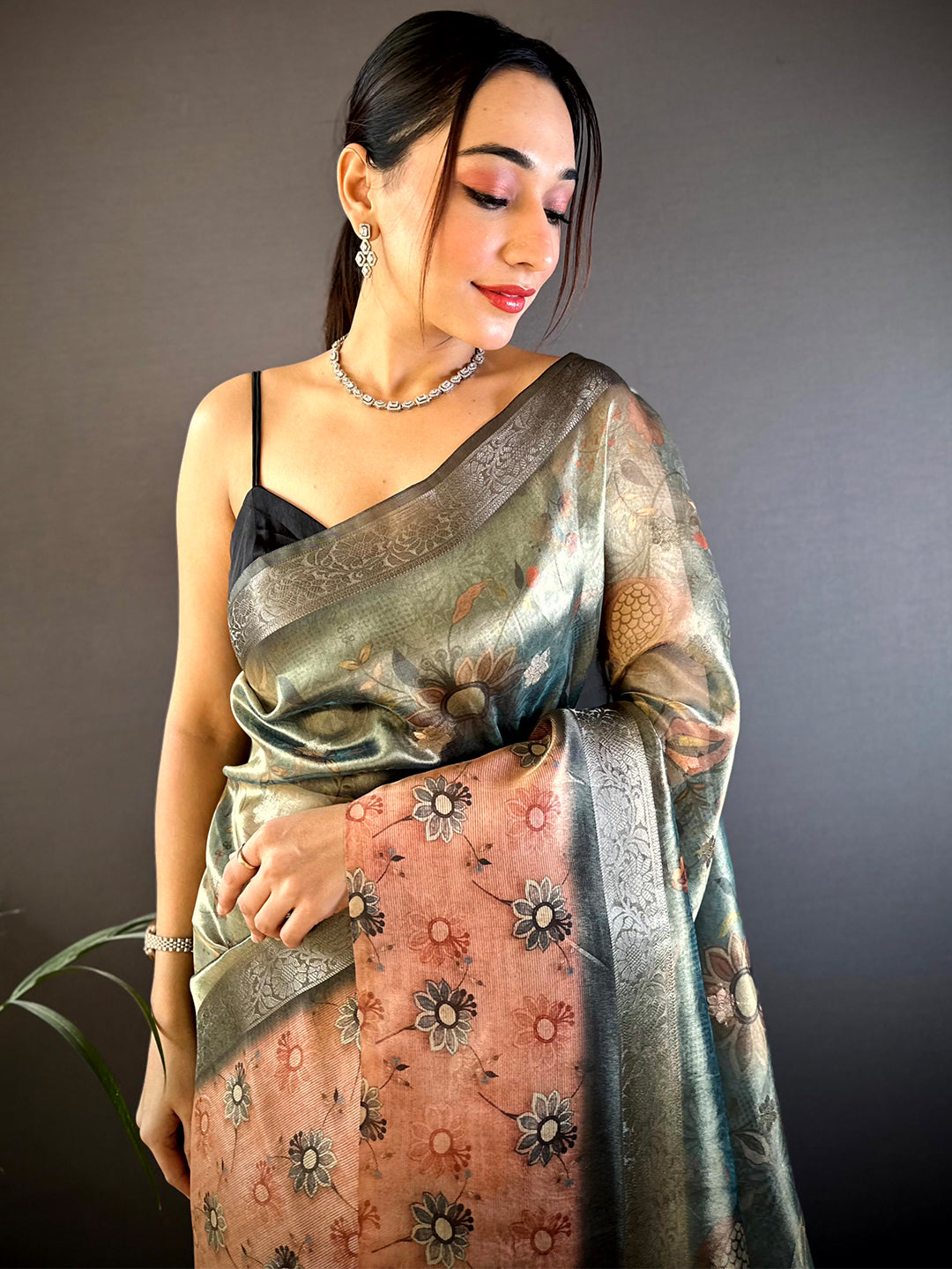 Olive Floral Satin Bentex Border Saree