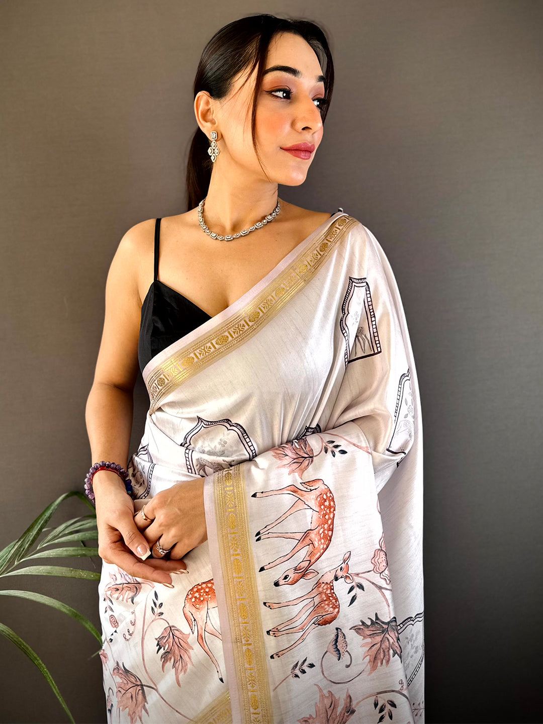 Lavender Forest Phulkari Kalamkari Print Saree