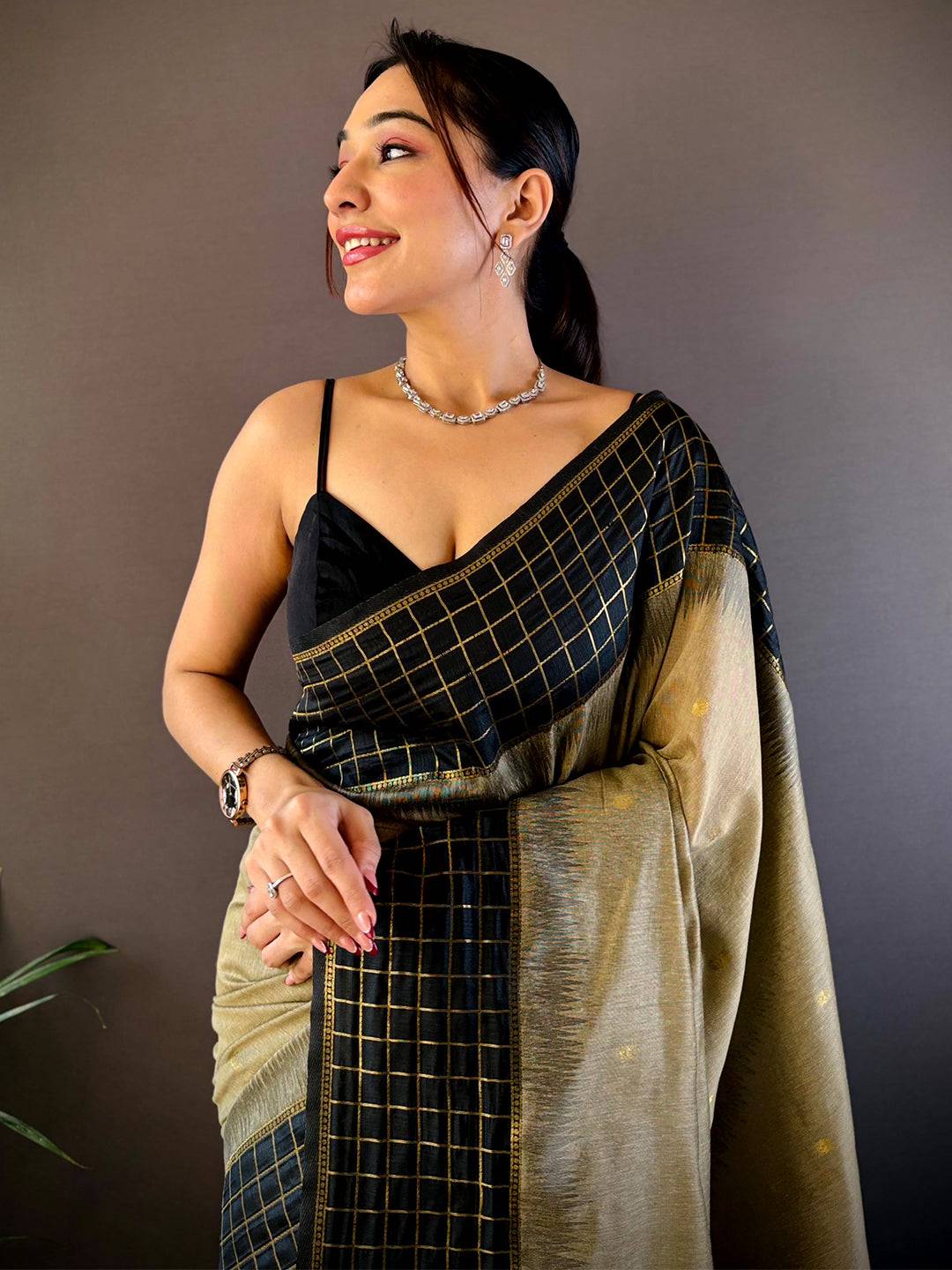 Black Soft Silk Saree With Zari Chex Border