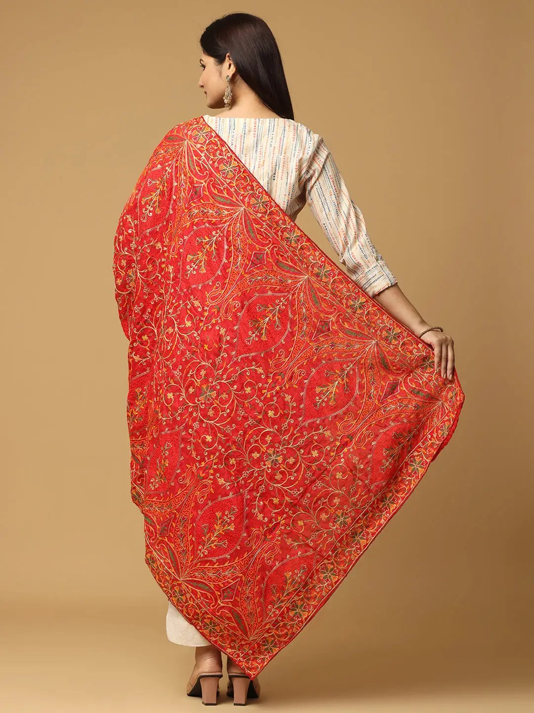 Back view of Red Poly Chiffon Pashmina Dupatta