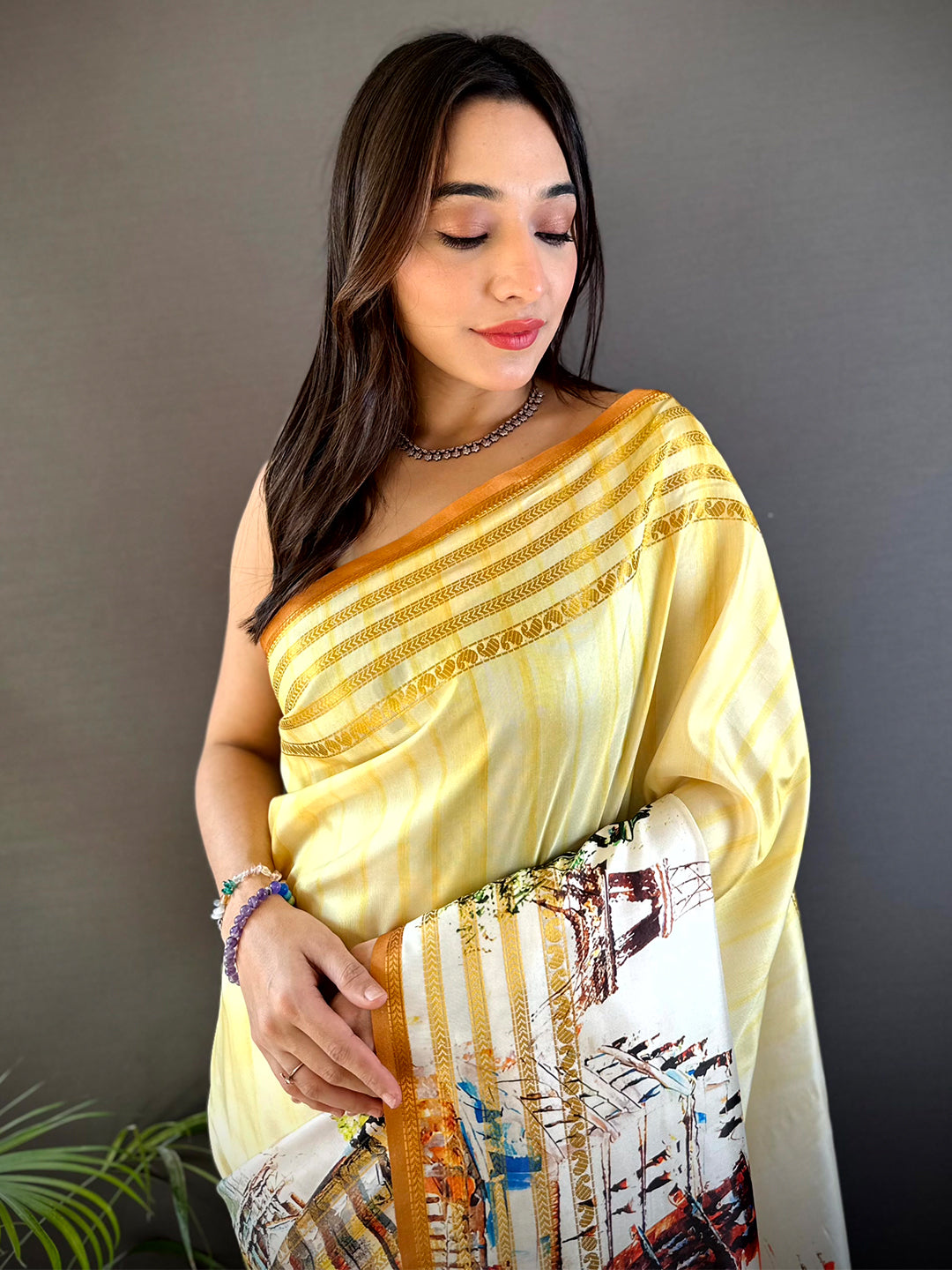 Lime Yellow Japanese Freehand Digital Print Saree