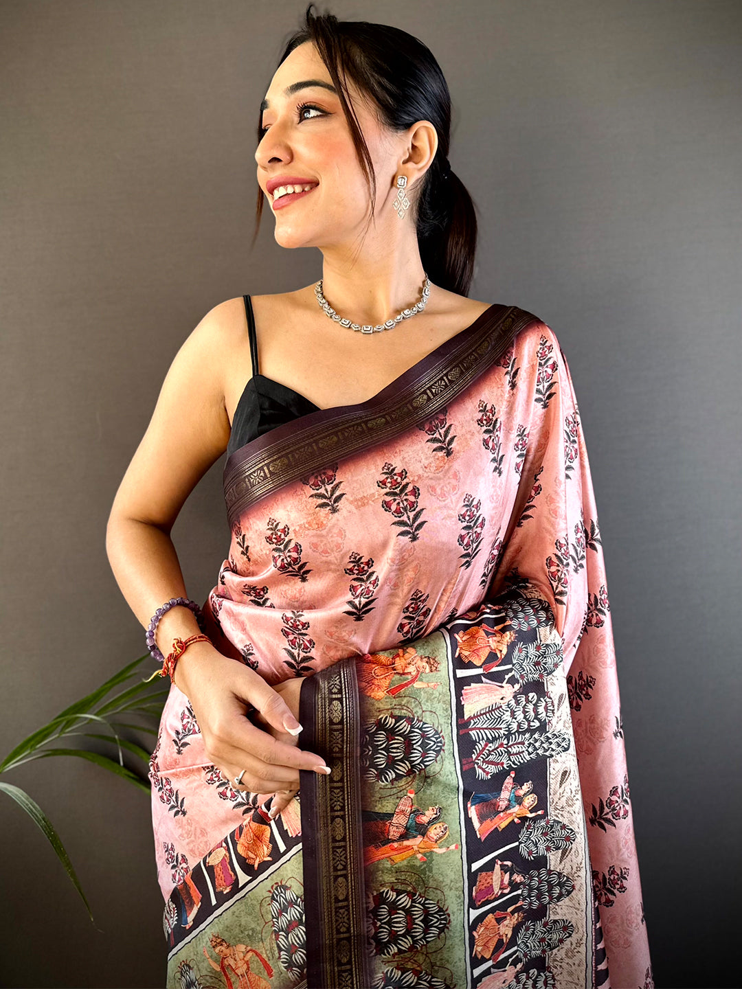 Pink Soft Silk Bird Kalamkari Print Saree