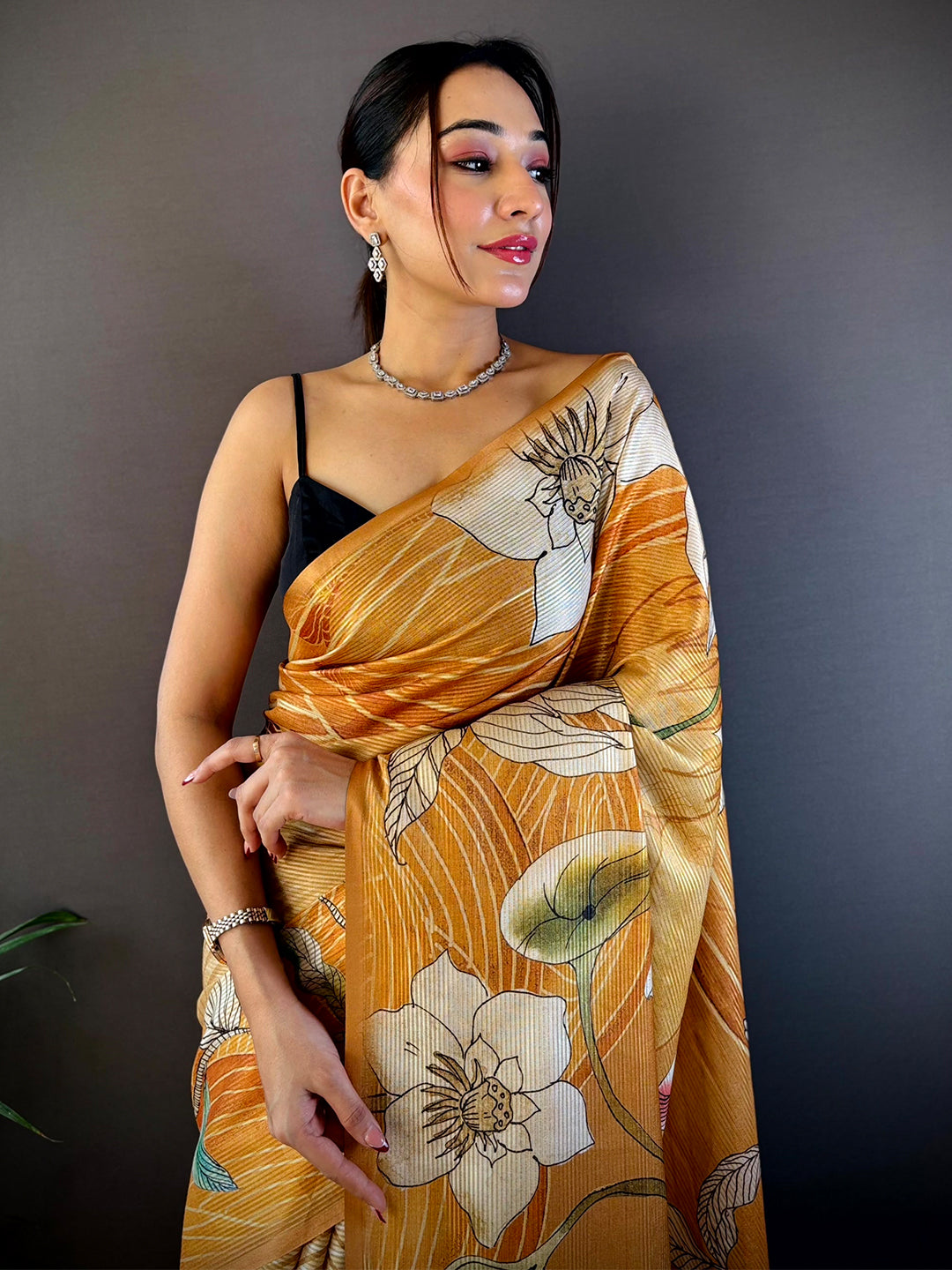 Honey Yellow Semi Zari Tussar Botanical Saree