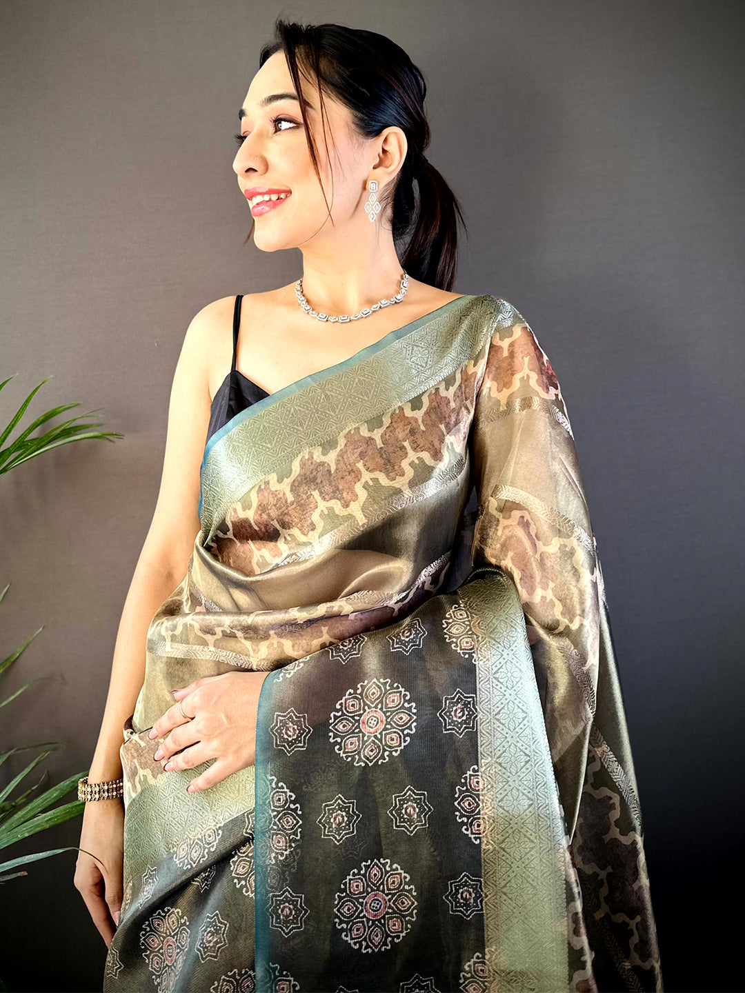 Light Green Tissue Striped Digital Printed Saree