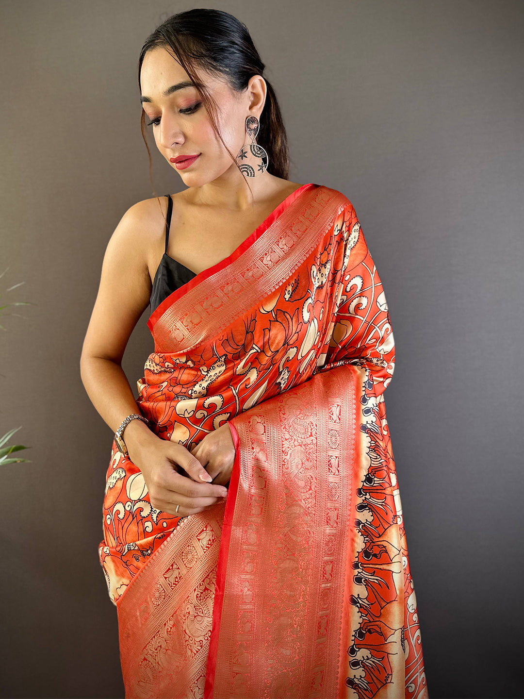 Sunset Coral Soft Silk Kalamkari Saree