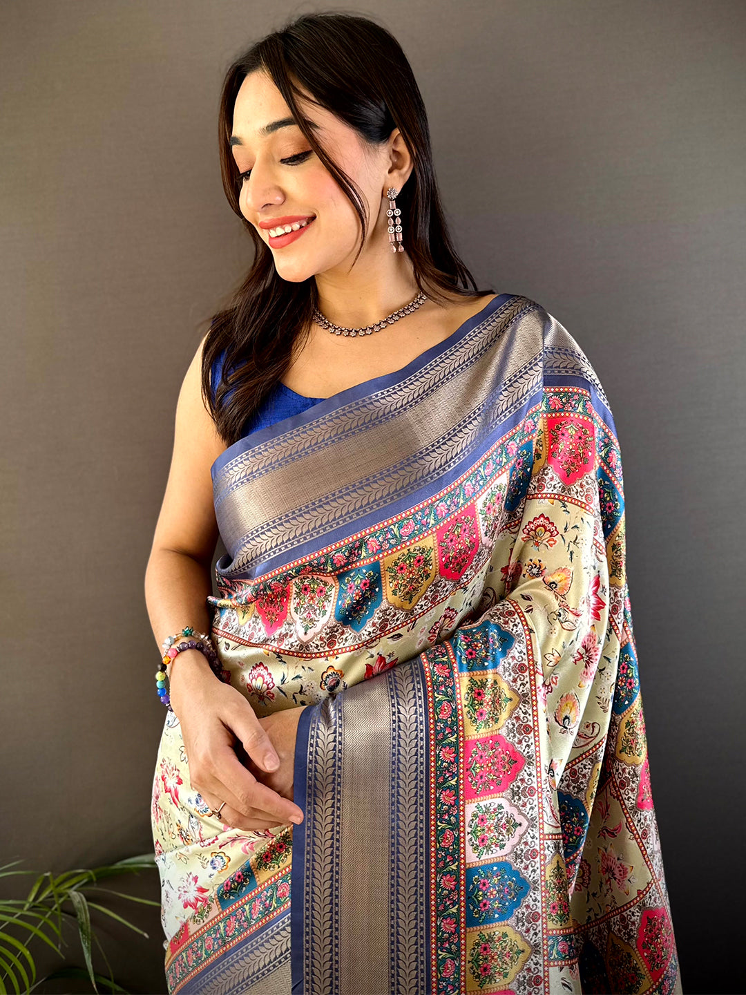 Royal Blue Mughal Kalamkari Print Pashmina Saree