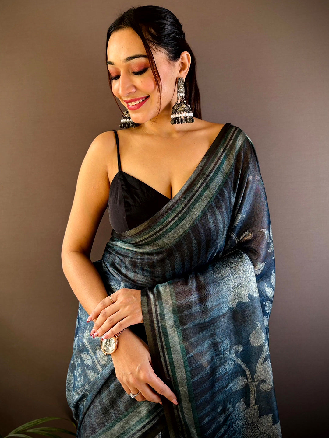 Deep Teal Floral Stripes Tissue Saree