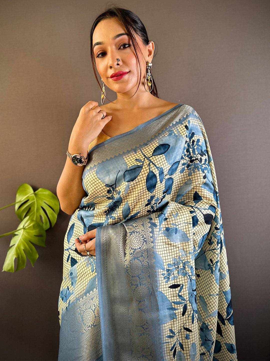 Leaf And Check Sky Blue Viscose Saree